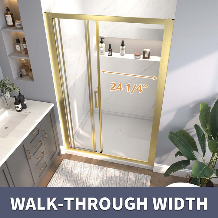 24 1/4" walk-through width of gold-framed sliding shower door