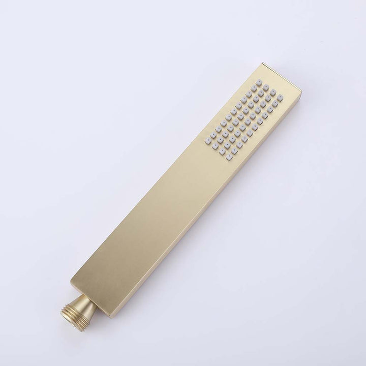 Gold handheld shower head for modern square shower system closeup