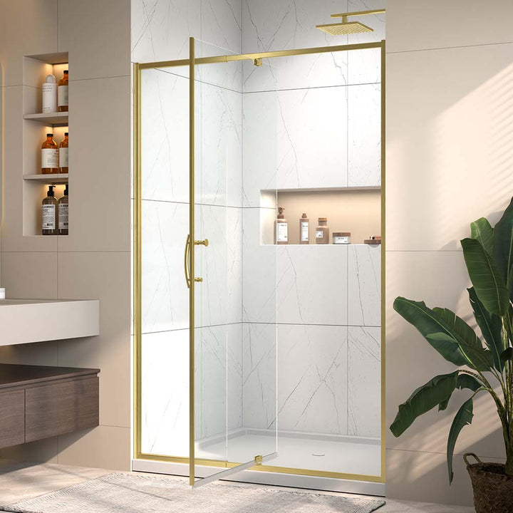 Gold pivot shower door open view in modern bathroom interior