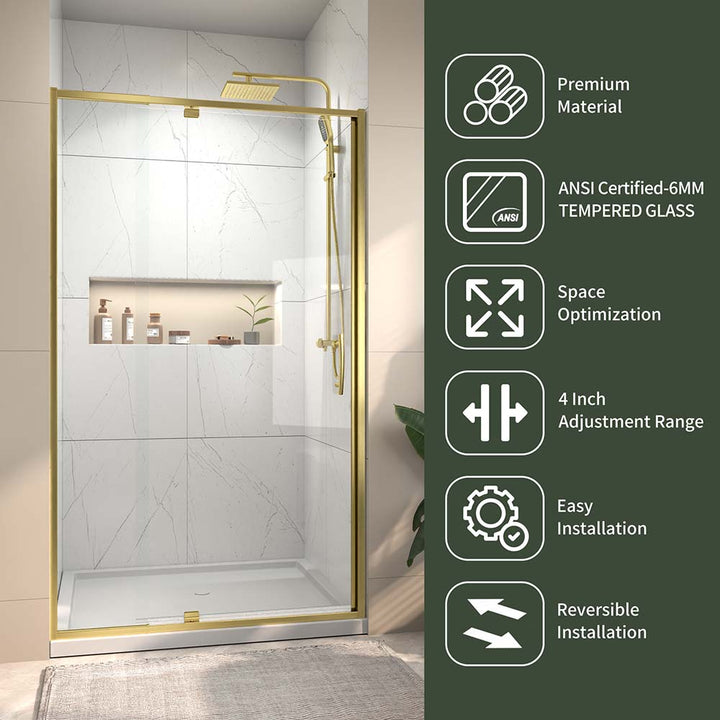Gold shower door features ANSI tempered glass and easy installation