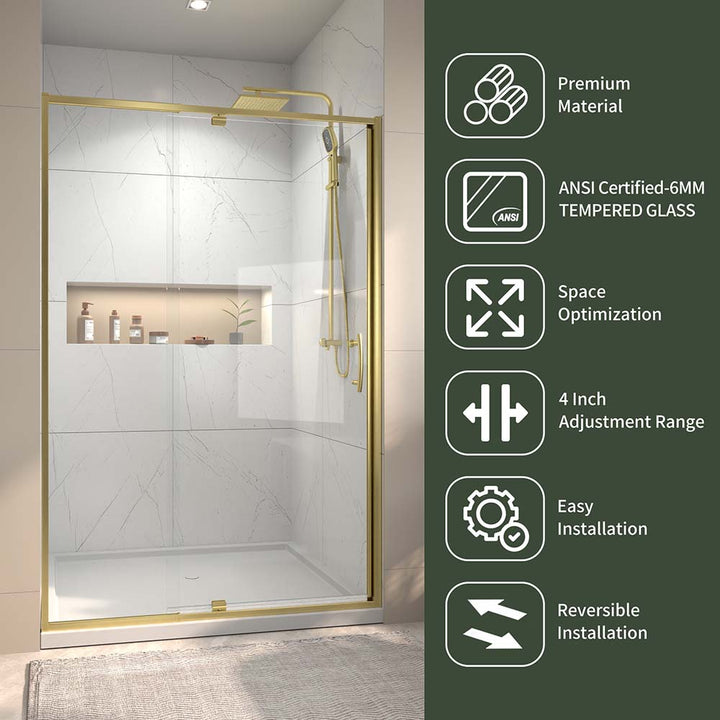 Gold shower door features ANSI tempered glass and easy installation