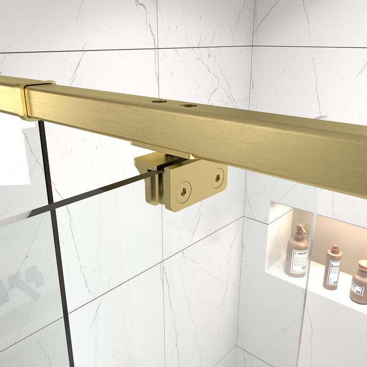 Gold shower door top track and mounting bracket close up