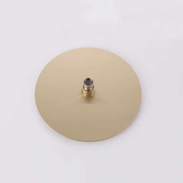 Back view of round brushed gold shower head with connector
