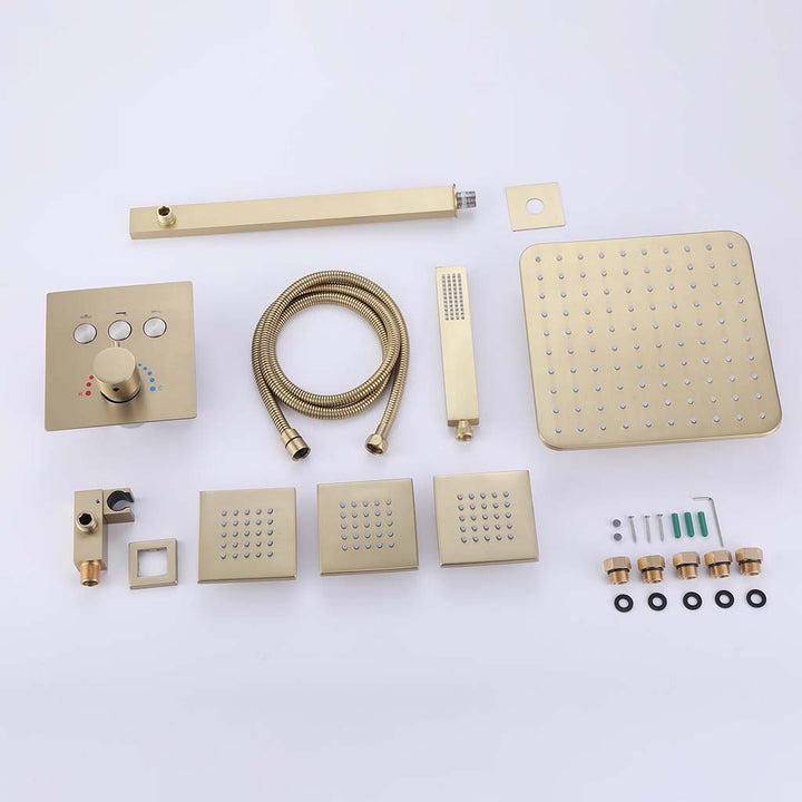 Complete gold shower system parts set with rainfall head and body jets