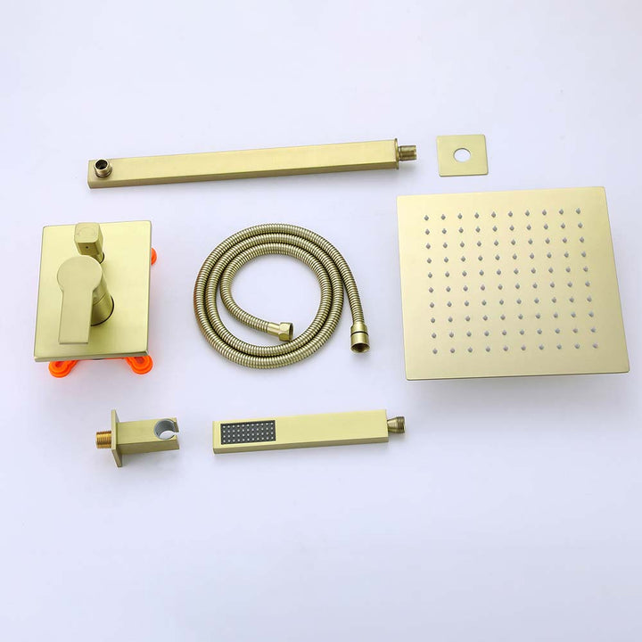 Gold square rainfall shower system set with handheld and hose