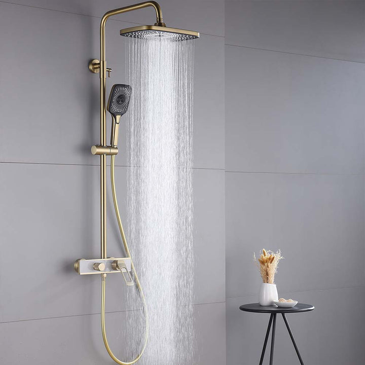 Gold shower system with rainfall water stream in modern bathroom setting