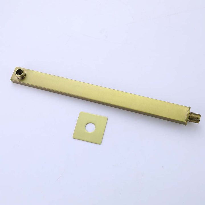 Gold square shower arm with matching flange for wall-mounted setup