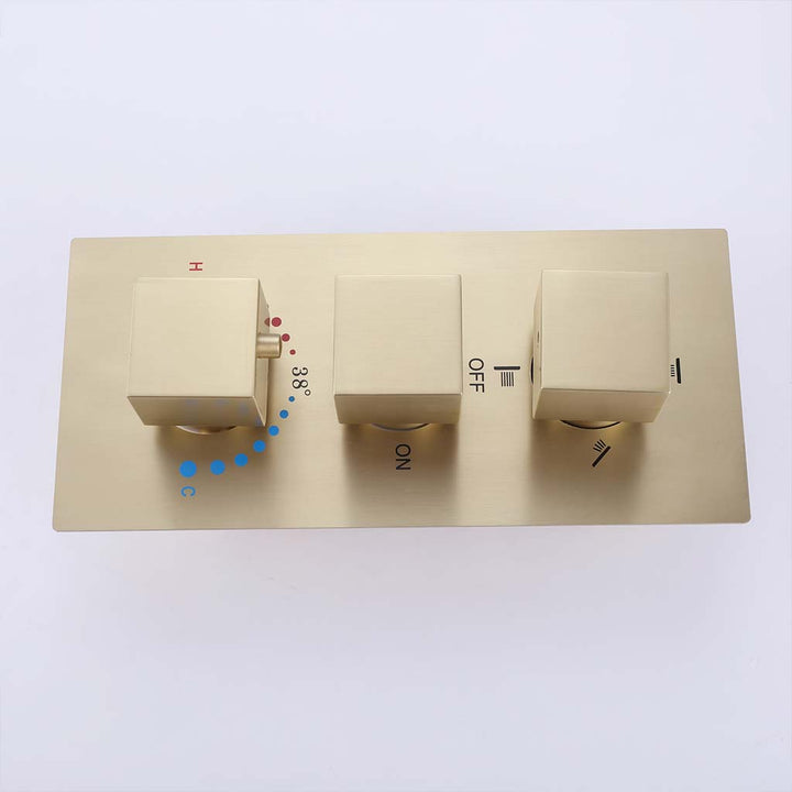 Gold shower system thermostatic control valve with triple square knobs