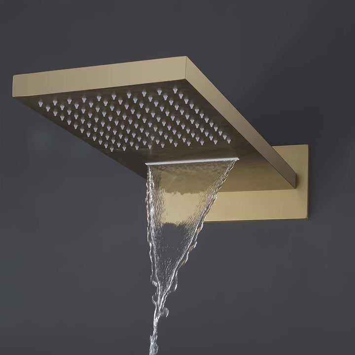 Gold square rainfall shower head with waterfall flow feature