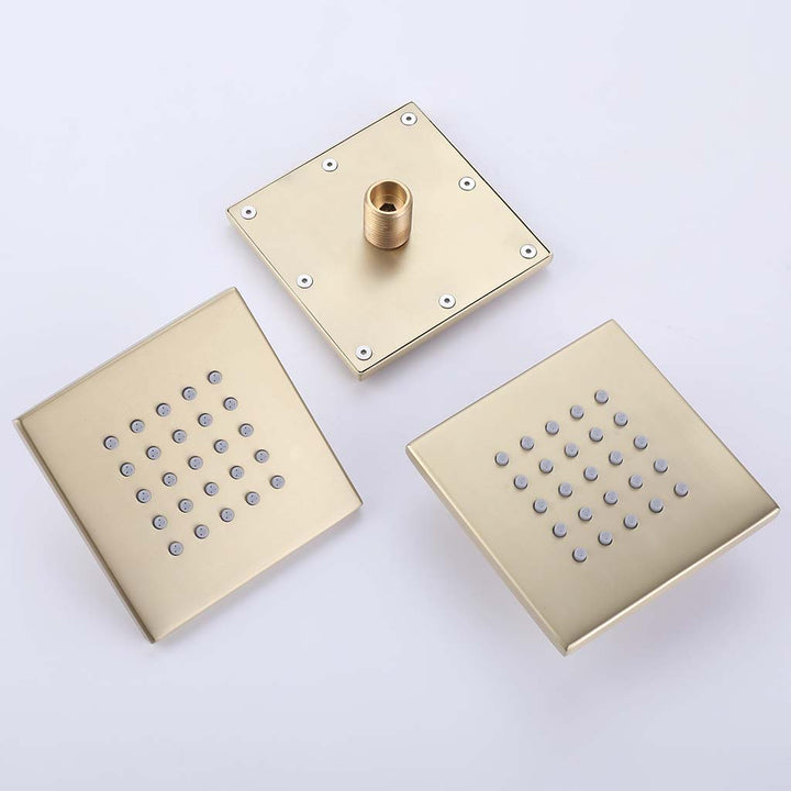 Gold square shower system body jets sprayer head detail view