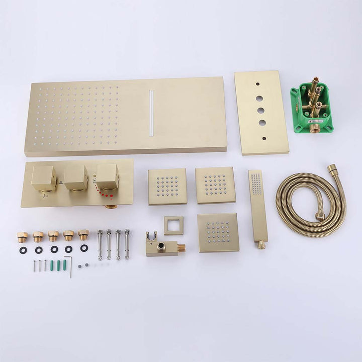 Gold square shower system complete parts set with body jets and hose