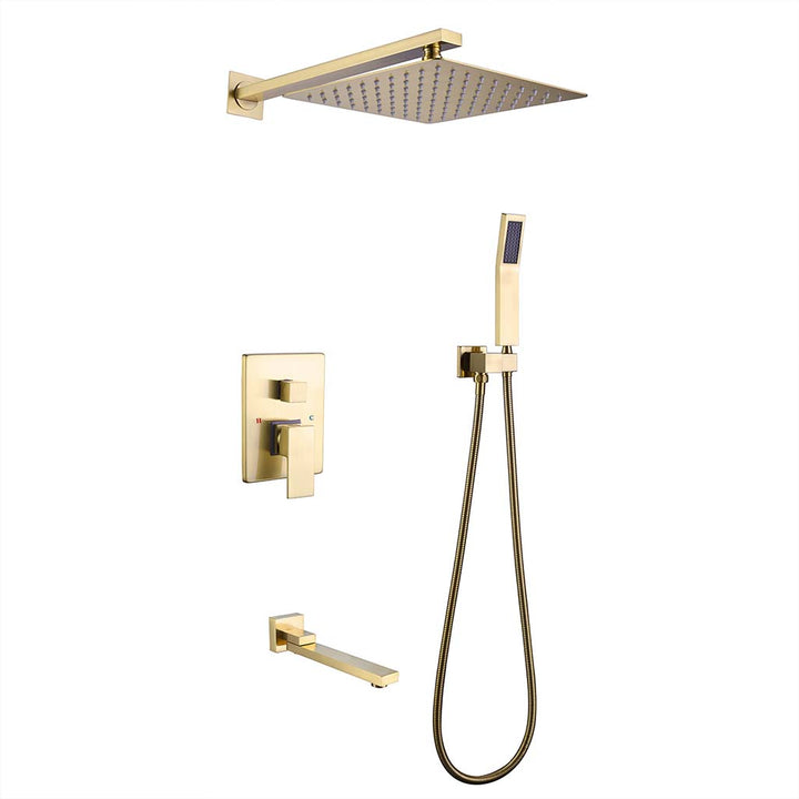 Gold square shower system with handheld shower and tub spout
