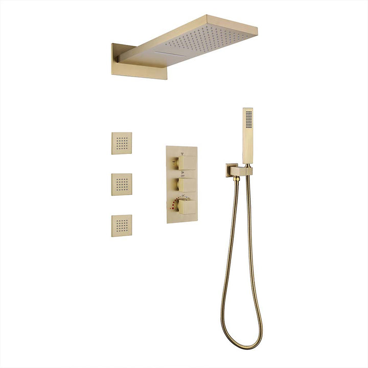 Gold square shower system with handheld sprayer and body jets