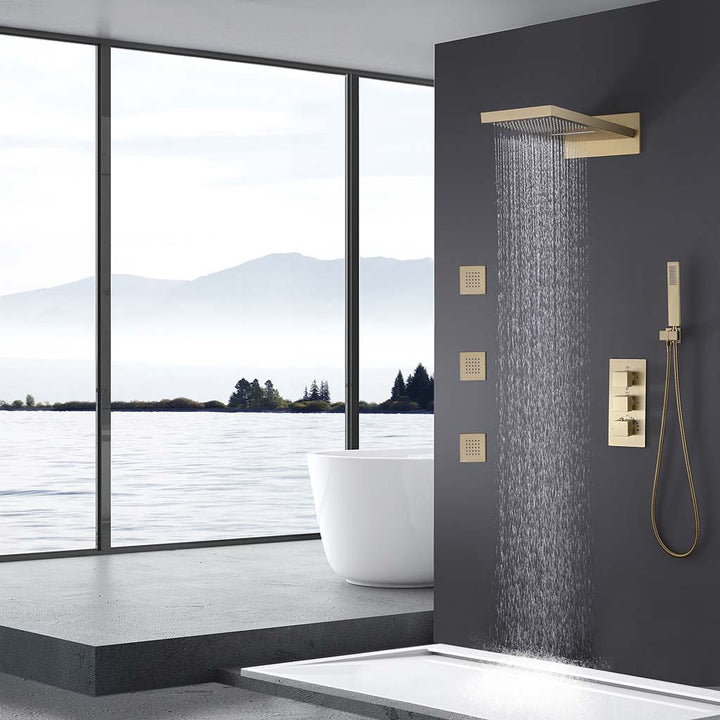 Gold square shower system with rainfall shower and body jets