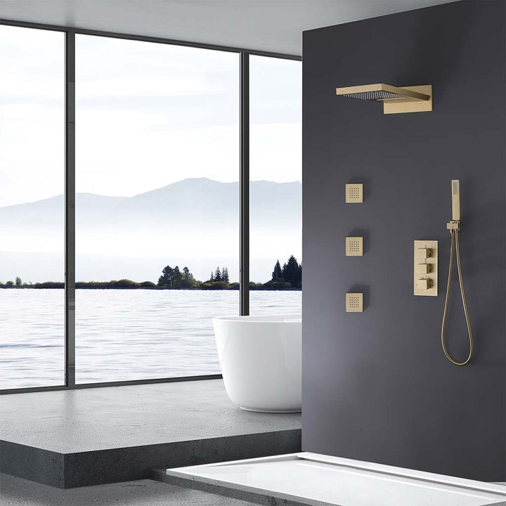 Gold square wall mounted shower system with body jets and handheld