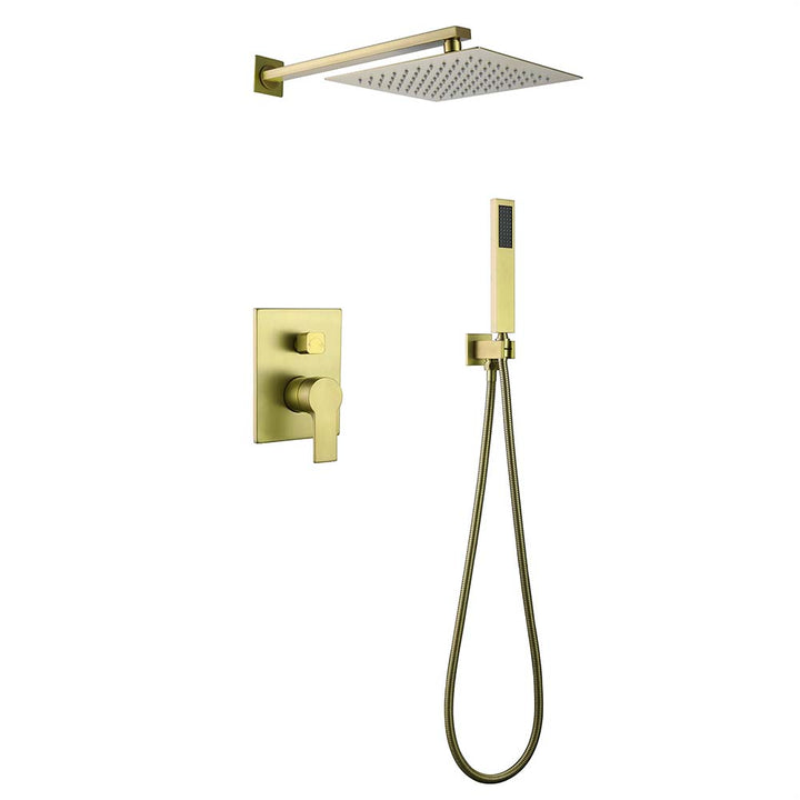 Gold wall-mounted shower system with square rainfall head and handheld