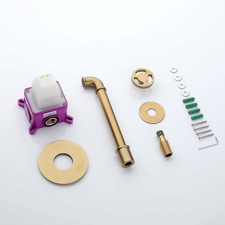 Gold wall mounted faucet installation kit with spout and parts
