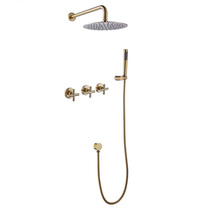 Gold wall-mounted shower system with handheld and rain head
