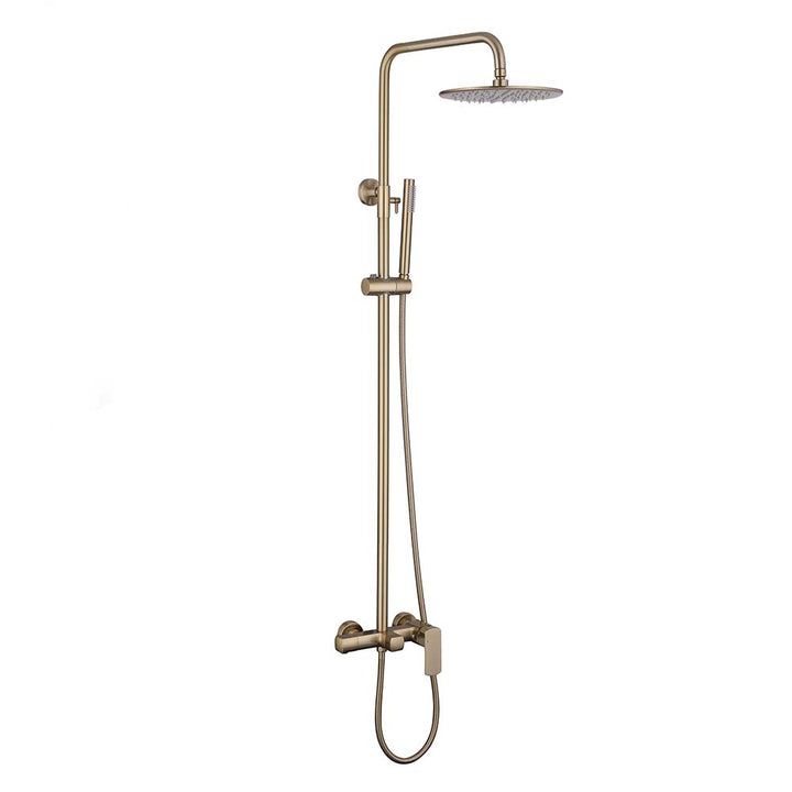 Complete gold wall-mounted shower system with handheld sprayer