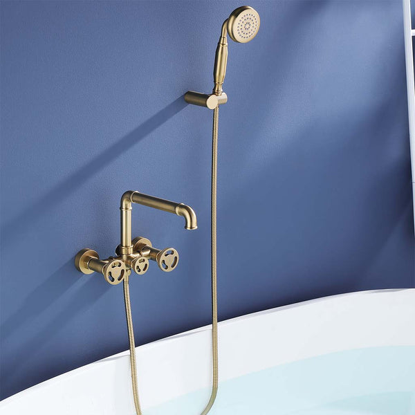 Gold wall mounted tub faucet with hand shower set for bathtub