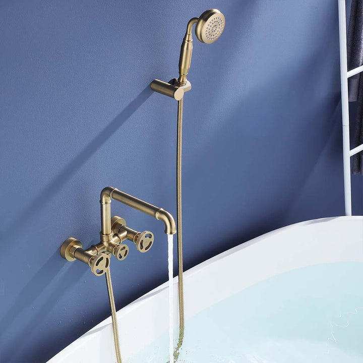 Gold Wall Mounted Tub Faucet with Handheld Shower
