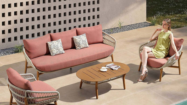 5-seater outdoor conversation set with hand-woven rope and rust-colored cushions