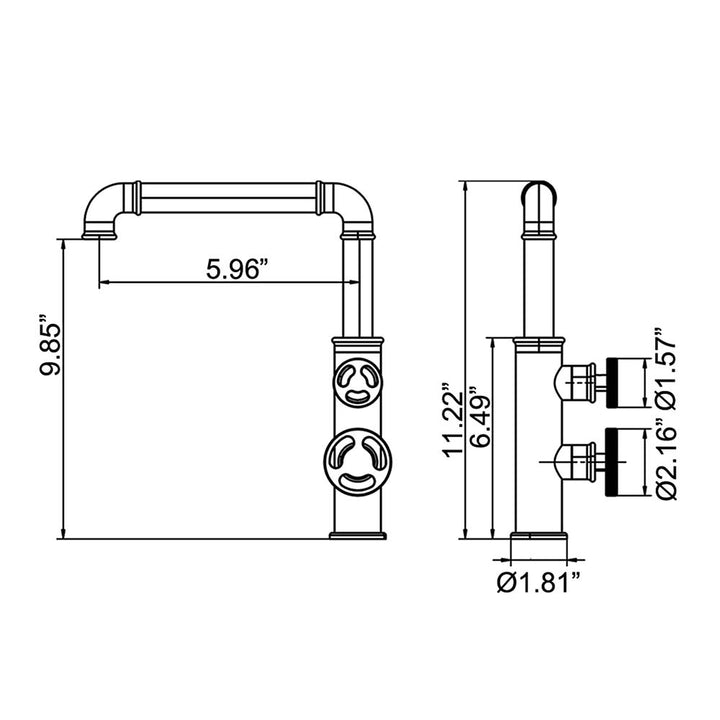 Industrial sink faucet size diagram with double valve handles