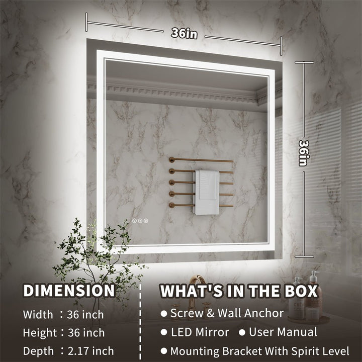 Led bathroom mirror 36x36 dimension package contents