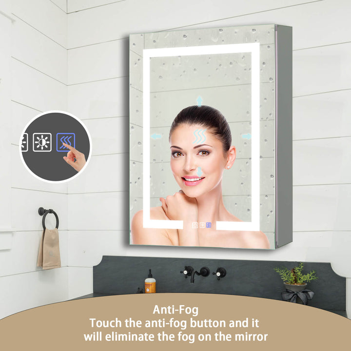 LED bathroom mirror with anti-fog feature activated by touch button in a modern bathroom