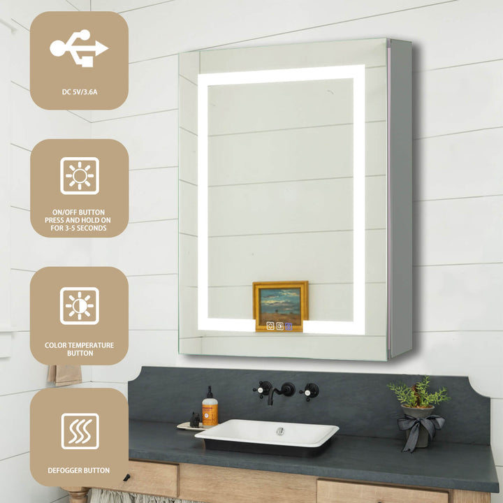 LED bathroom mirror with USB port, on/off, color temperature, and defogger buttons