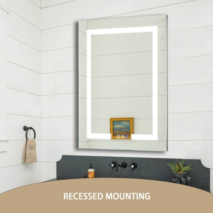 LED bathroom mirror with recessed mounting option installed in a modern bathroom