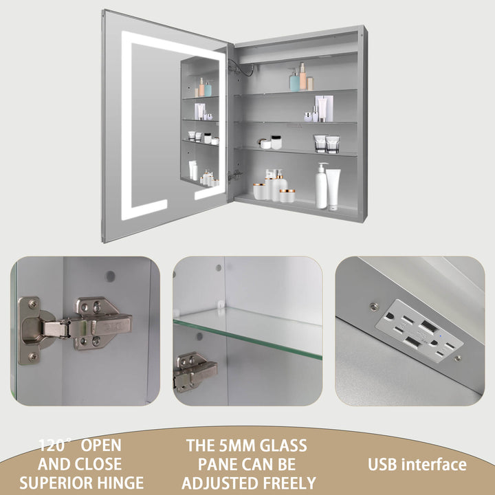 LED bathroom mirror with storage shelves, USB interface, and adjustable 5mm glass pane