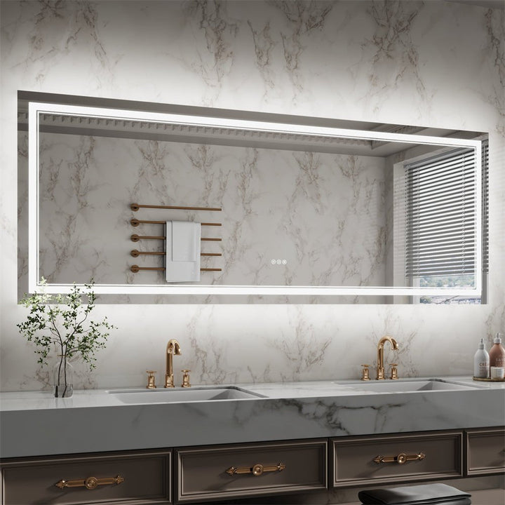 Wall-mounted LED bathroom mirror with marble vanity setup