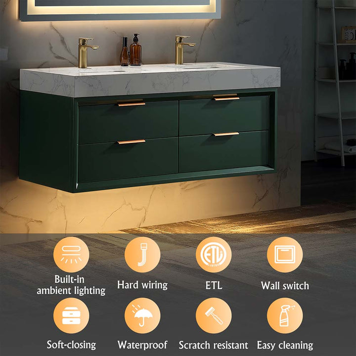 Led floating bathroom vanity green single sink 48x21 features