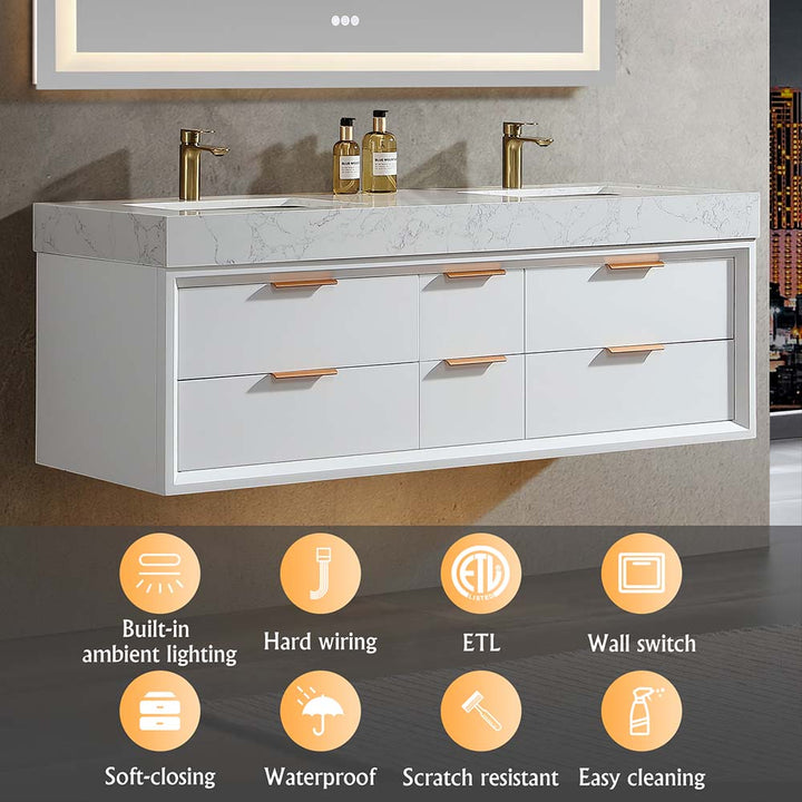 led floating bathroom vanity white single sink 60x21 features