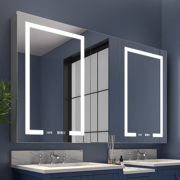 Front view of double door LED lighted medicine cabinet with mirror and touch controls