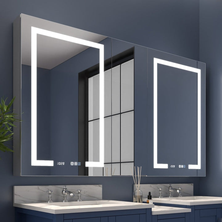 Front view of double door LED lighted medicine cabinet with mirror and touch controls