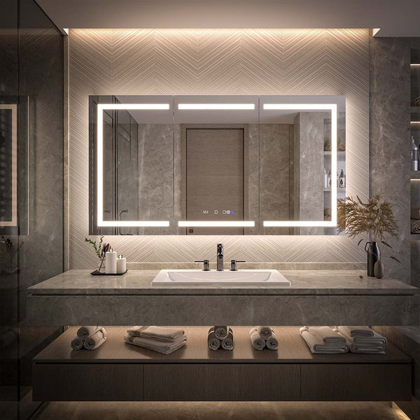 Front view of LED medicine cabinet in modern bathroom