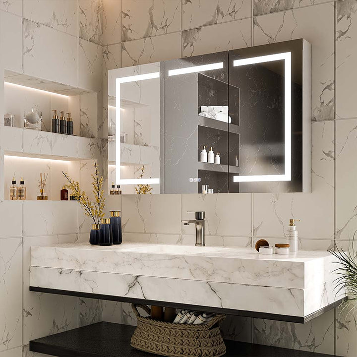 Modern LED medicine cabinet mirror with lights in marble bathroom
