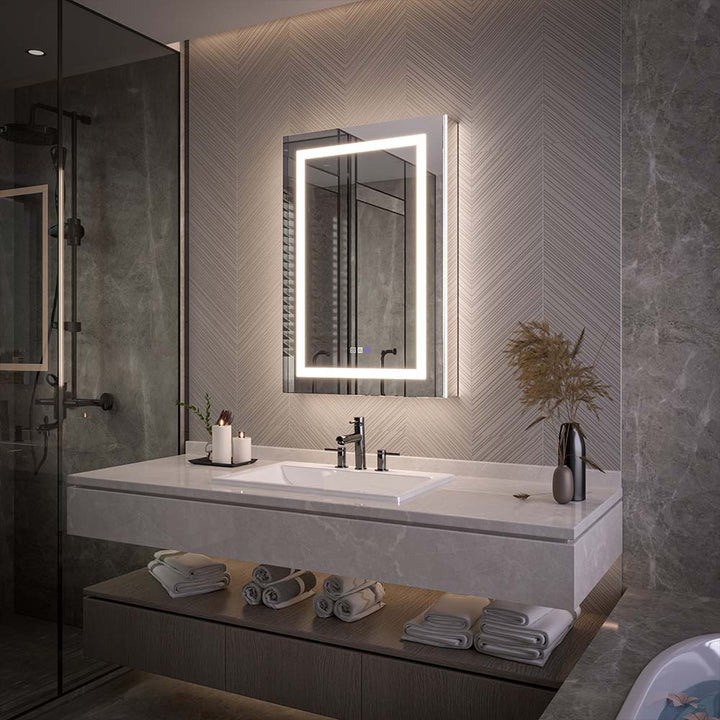 LED medicine cabinet with lights above modern bathroom vanity