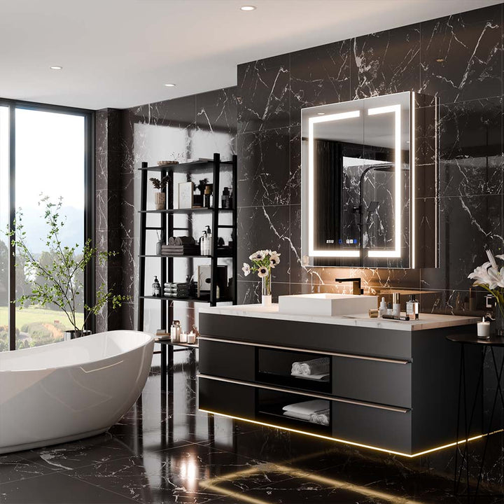 LED medicine cabinet above vanity in modern black marble bathroom