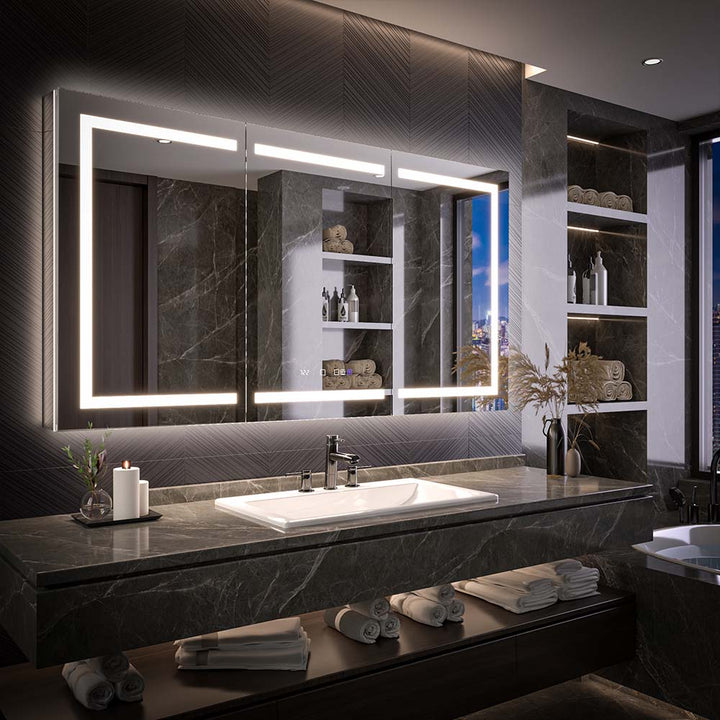Modern bathroom with LED lighted medicine cabinet and vanity