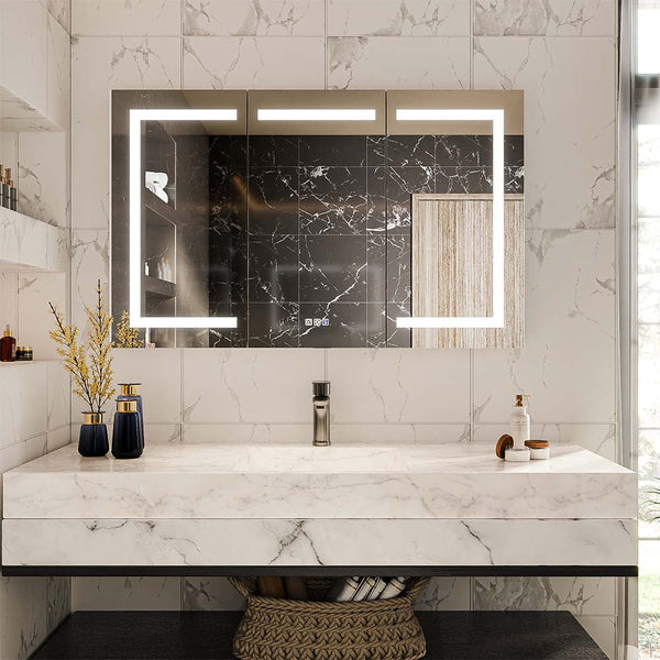 Modern LED medicine cabinet wall mounted mirror in marble bathroom