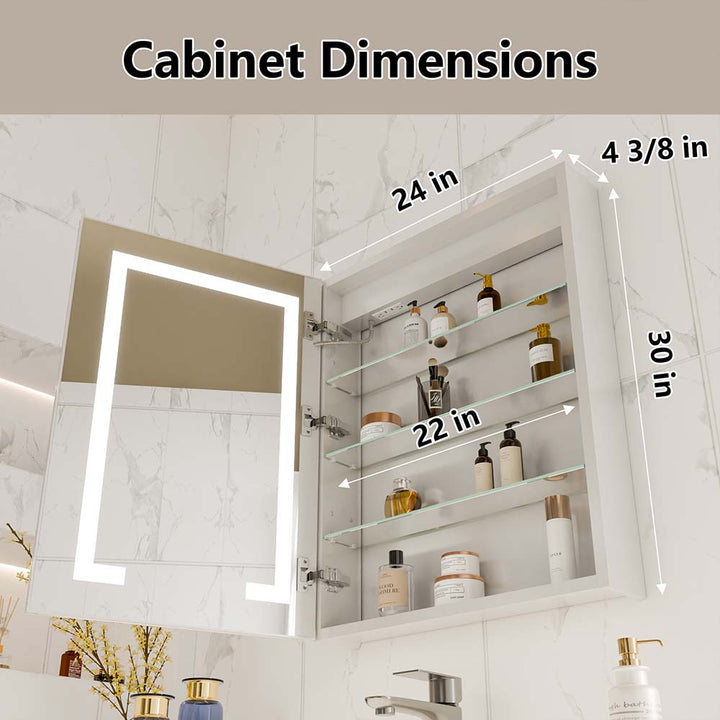 LED medicine cabinet 24x30 inch with lighted mirror and shelves
