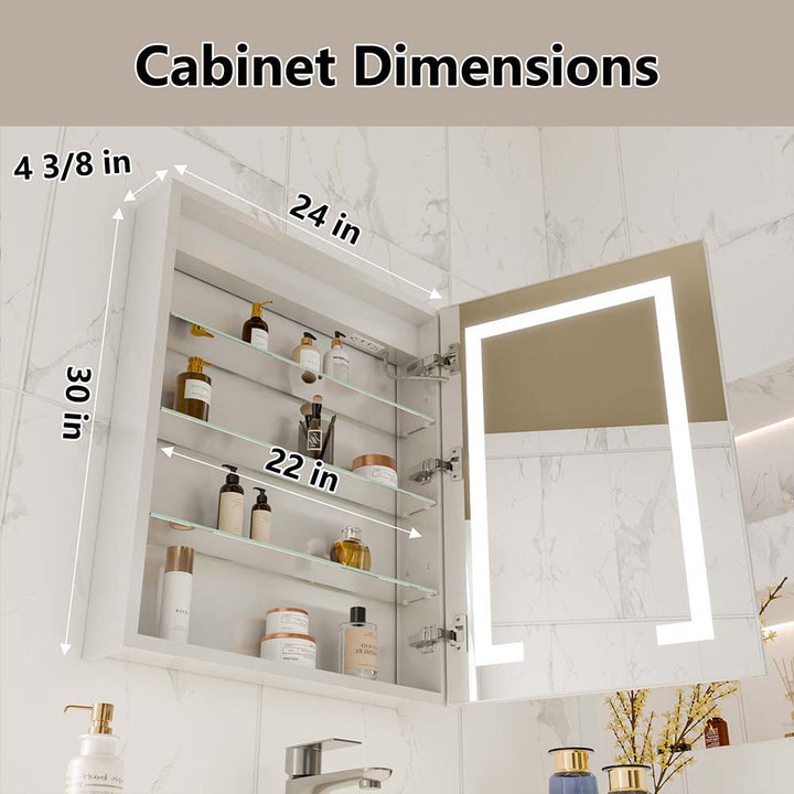 LED medicine cabinet 24x30 inch with lighted mirror and shelves