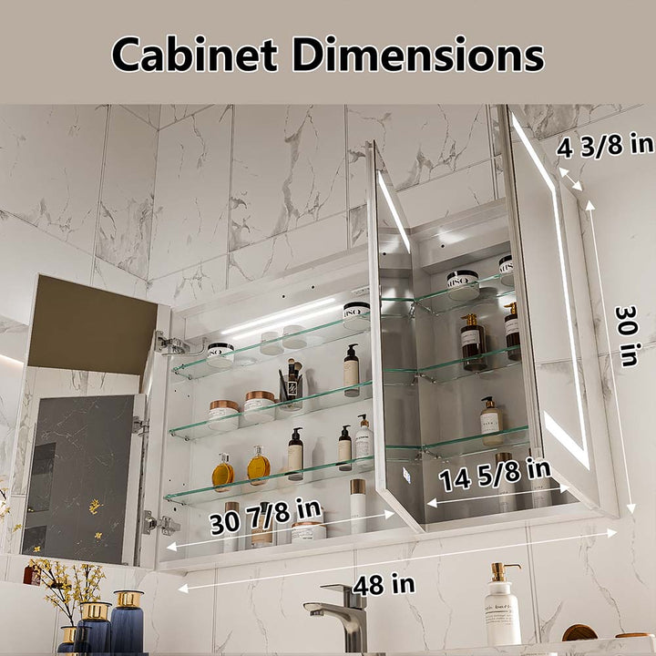 LED medicine cabinet dimensions 48x30x4 inch with glass shelves