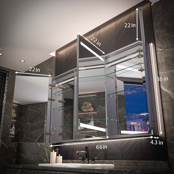 Interior view of LED medicine cabinet with dimensions