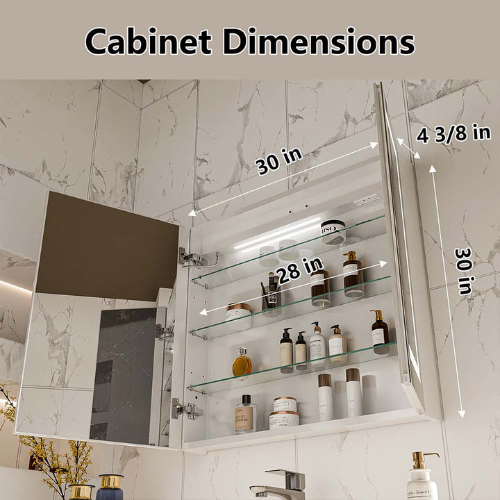 LED medicine cabinet dimensions showing 30x30 inch size guide