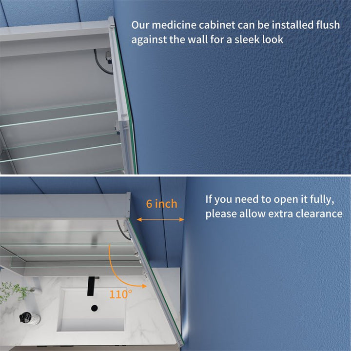 Medicine cabinet requires 6-inch clearance to open door 110 degrees