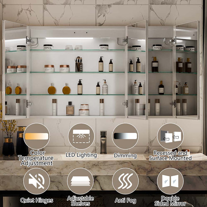 LED medicine cabinet features dimming anti fog and adjustable shelves